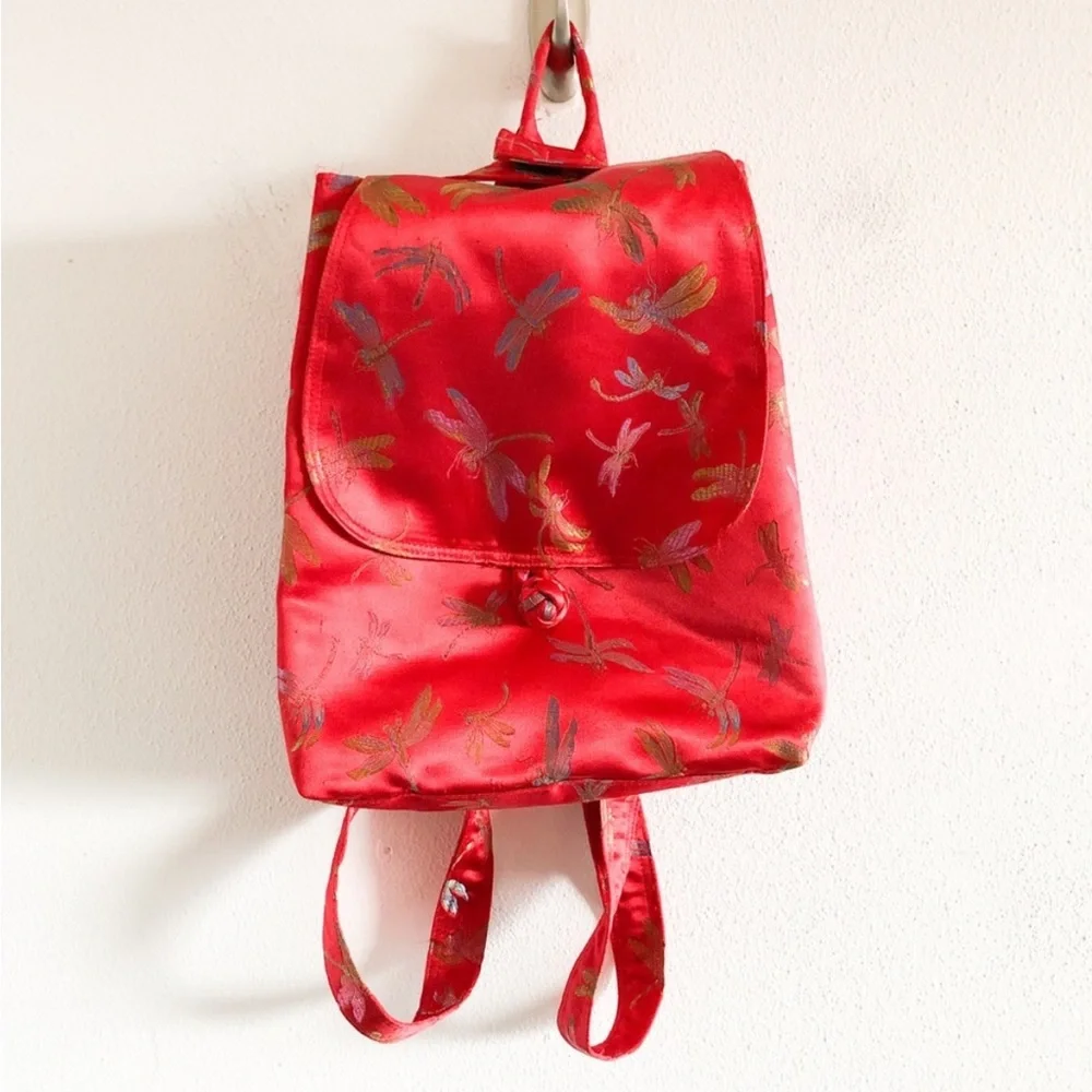Vintage Y2K red jacquard satin dragonfly backpack bag